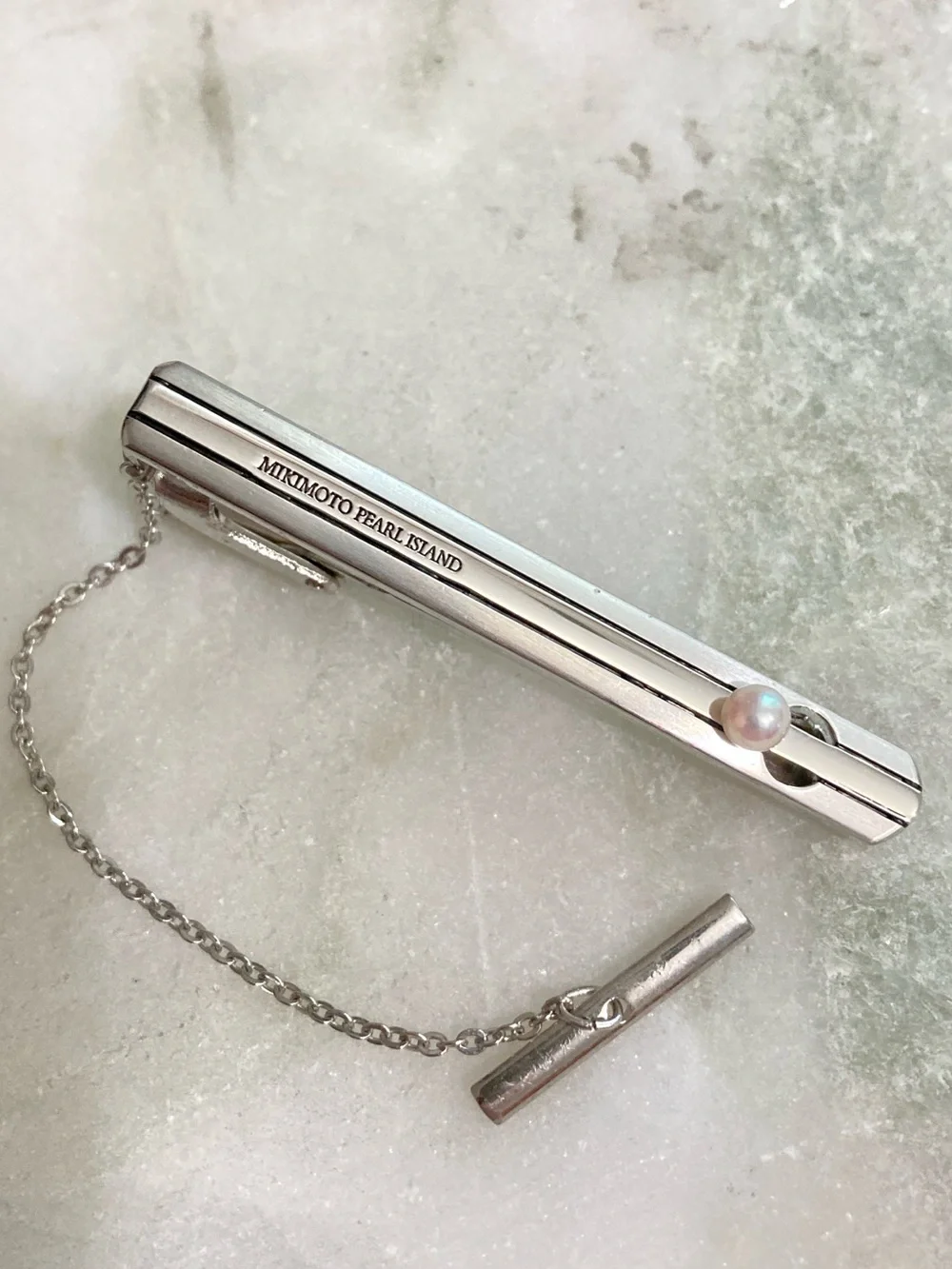 Mikimoto Silver Pearl Cuff Links + Tie Clip Set